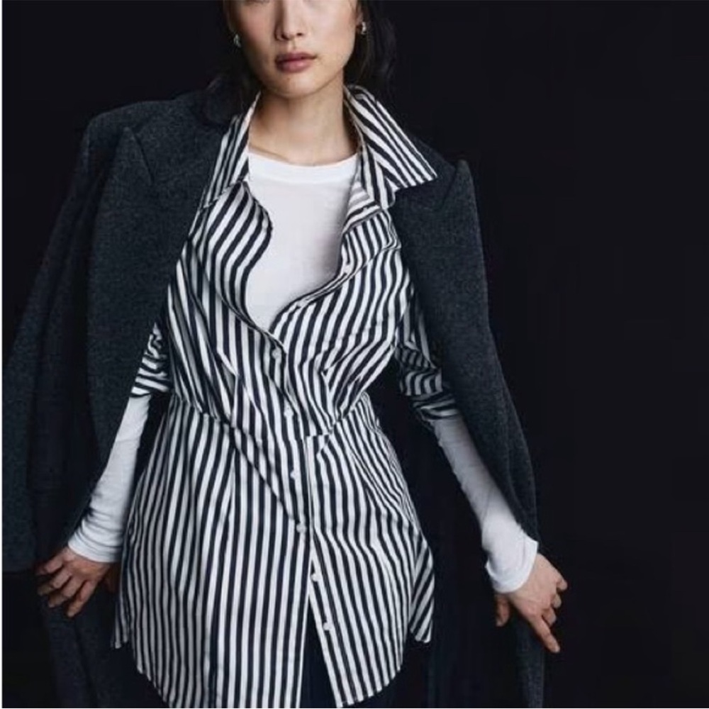 H&M Navy Striped Long Sleeve Full Buttoned Mini Dress - Picture 2 of 13